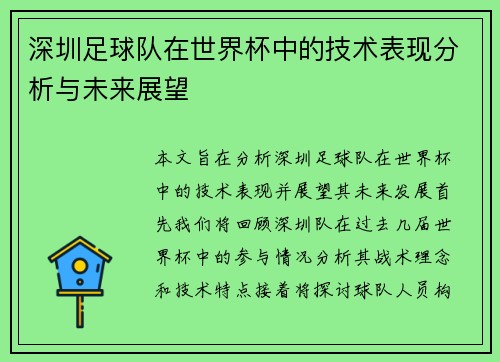 深圳足球队在世界杯中的技术表现分析与未来展望