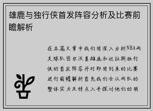 雄鹿与独行侠首发阵容分析及比赛前瞻解析
