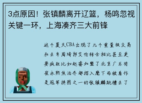 3点原因！张镇麟离开辽篮，杨鸣忽视关键一环，上海凑齐三大前锋